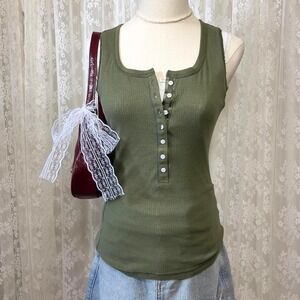 Vintage 2000s Old Navy Henley Green Tank Top Women's‎ Small Preppy Y2K Fitted